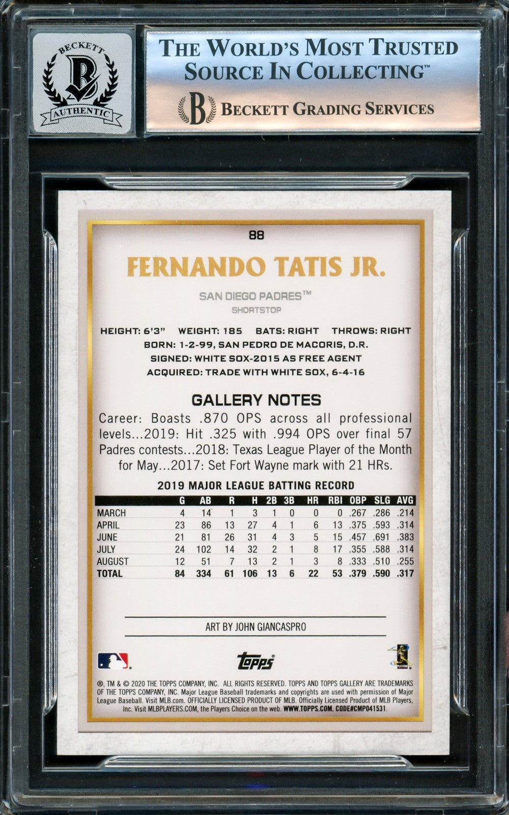 Fernando Tatis Jr. Signed 2020 Topps Gallery Card #88 San Diego Padres Auto 10