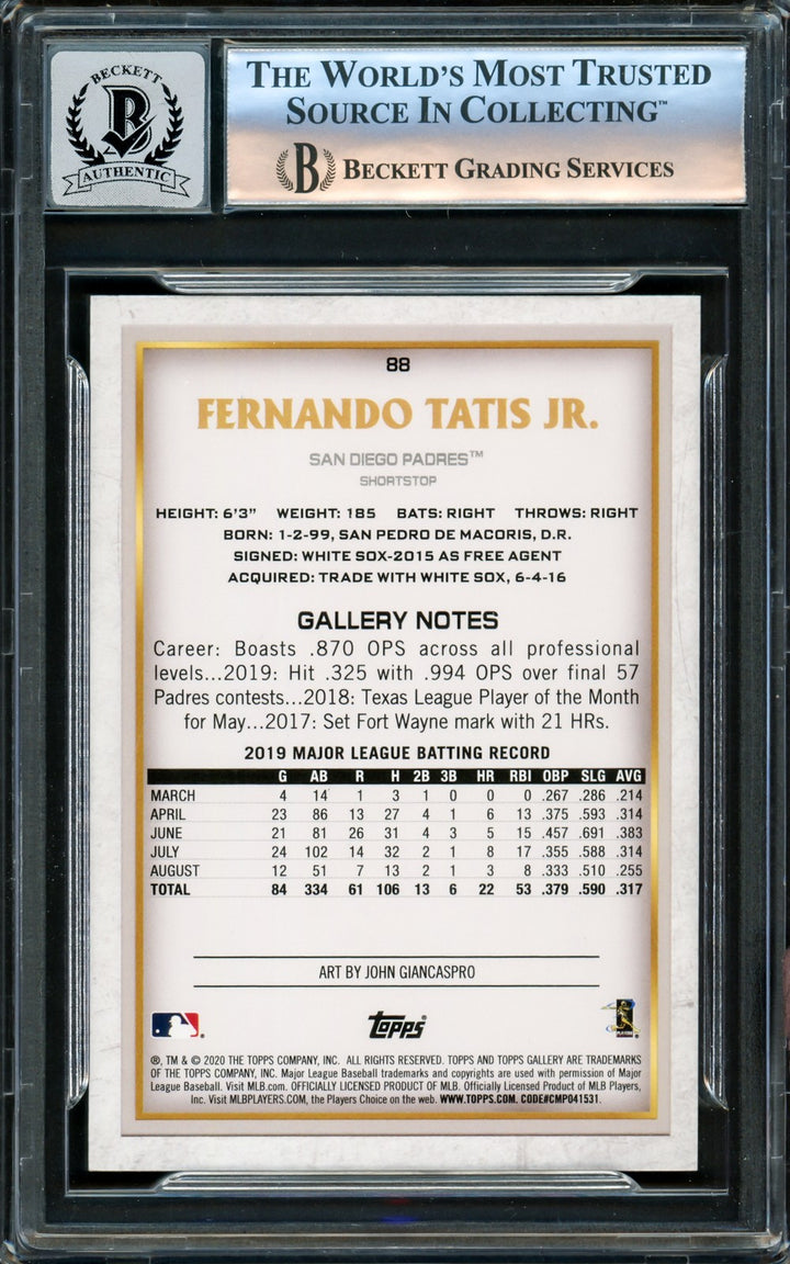 Fernando Tatis Jr. Signed 2020 Topps Gallery Card #88 San Diego Padres Auto 10