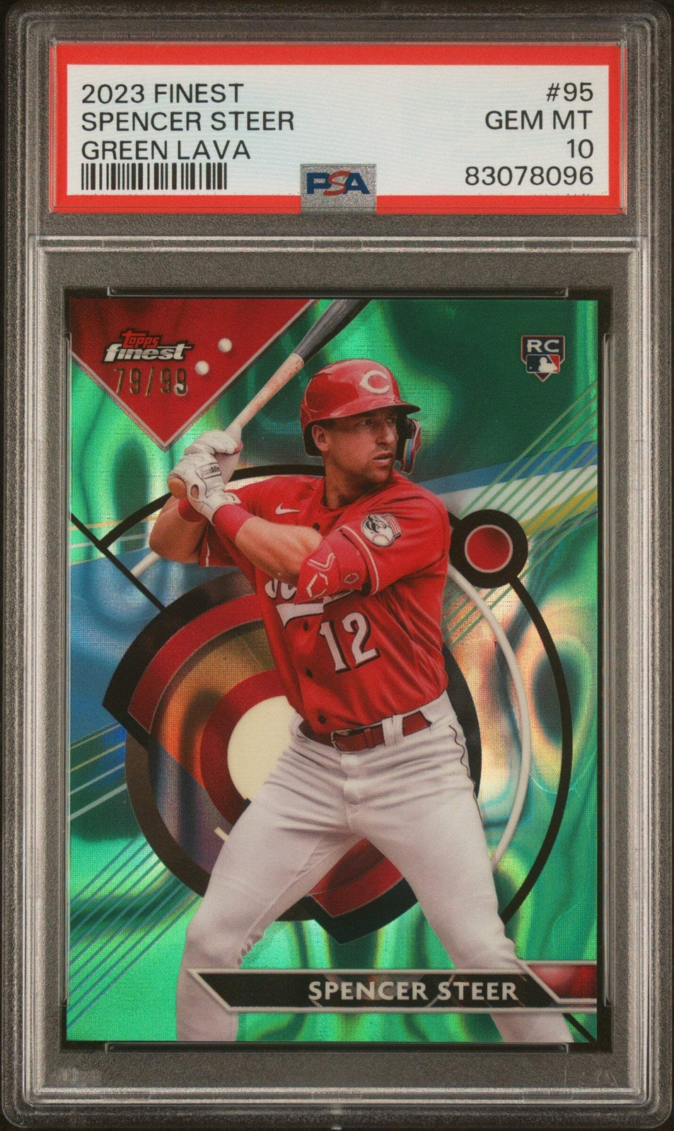 Graded 2023 Topps Finest Spencer Steer #95 GRN Lava #/99 RC Baseball Card PSA 10