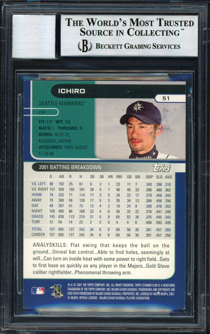 Ichiro Suzuki Signed 2002 Topps Stadium Club Card 51 Mariners Auto 10 Beckett