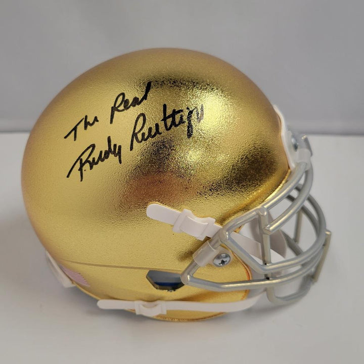 The Real Rudy Ruettiger signed Notre Dame Chrome Mini Helmet Beckett BAS Witness