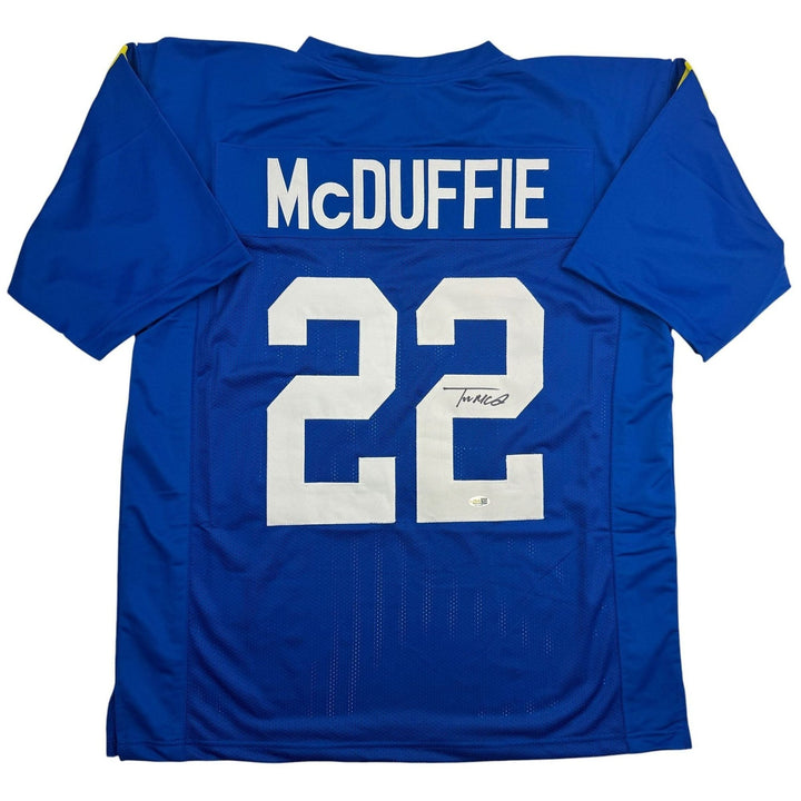 Autographed/Signed Trent McDuffie Los Angeles LA Blue Football Jersey BAS COA