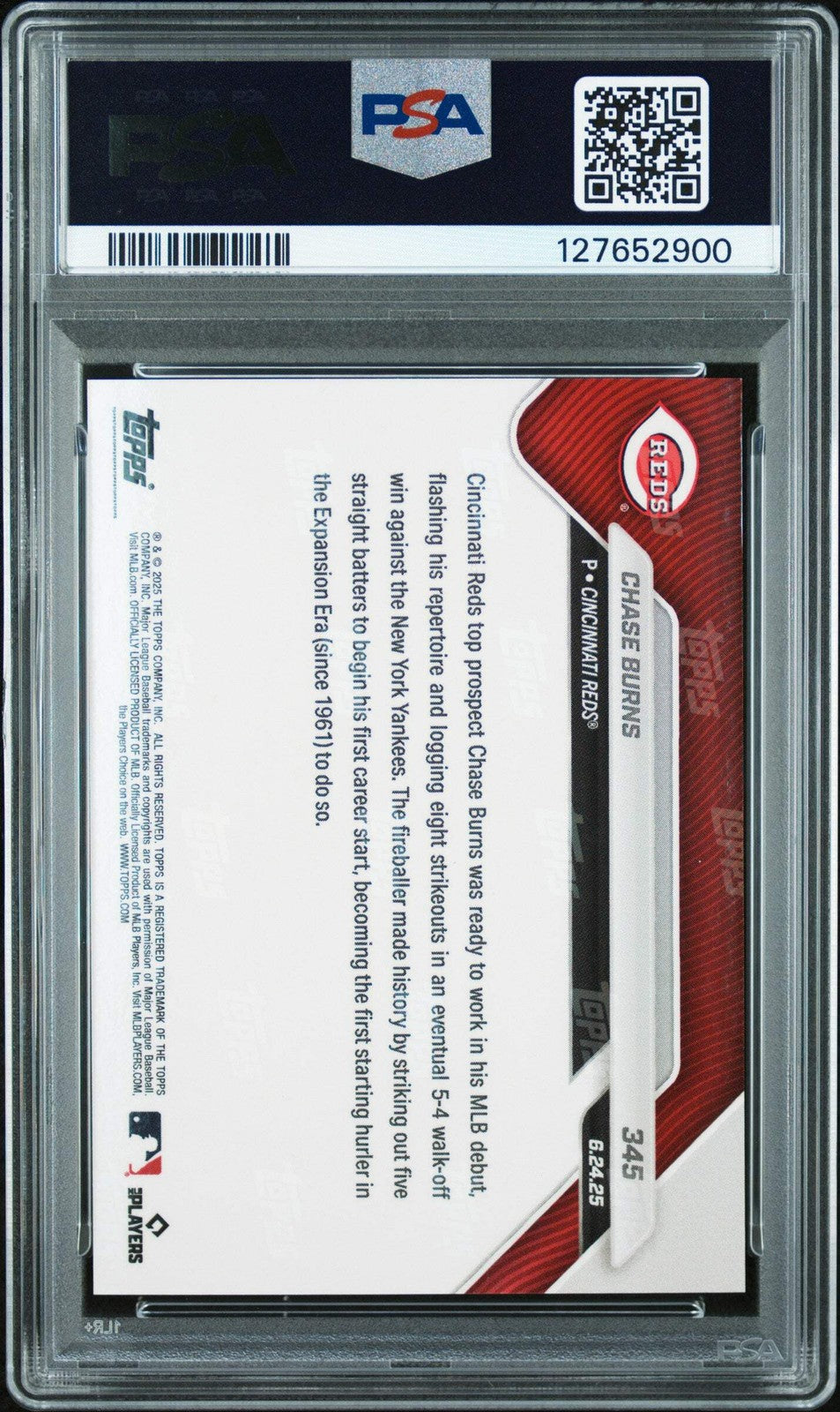 Graded 2025 Topps Now Chase Burns #345 Rookie RC Baseball Card PSA 10 Gem Mint