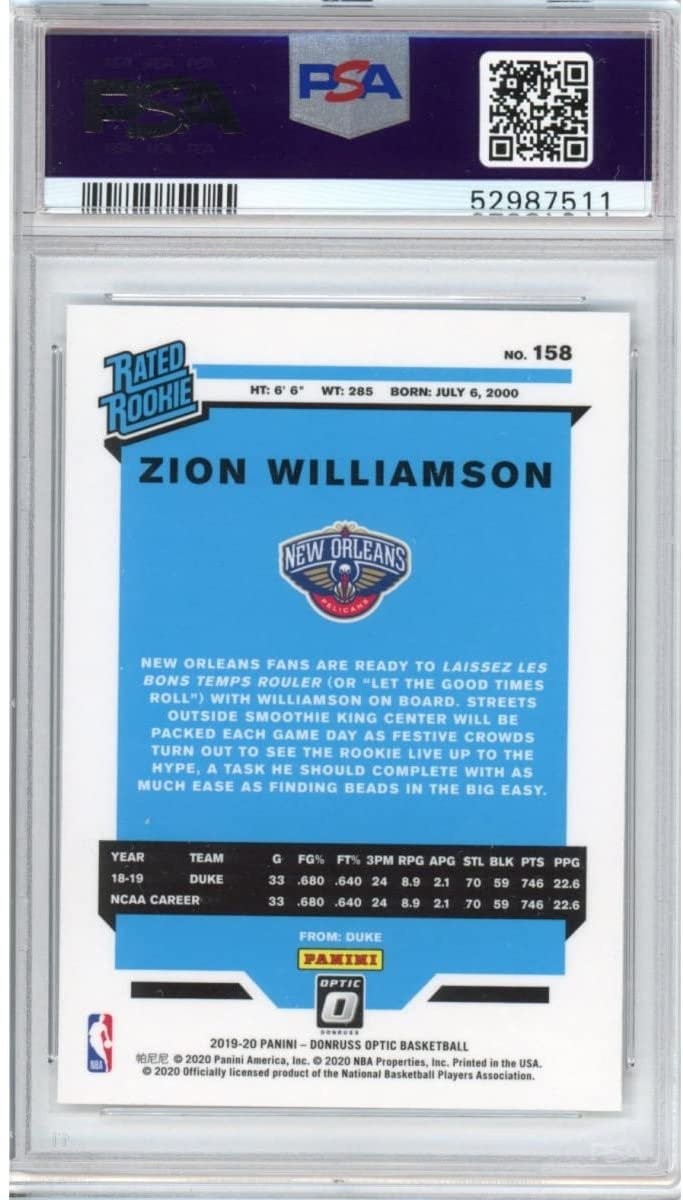 Graded 2019-20 Panini Donruss Optic ZION WILLIAMSON #158 Rookie Card PSA 10