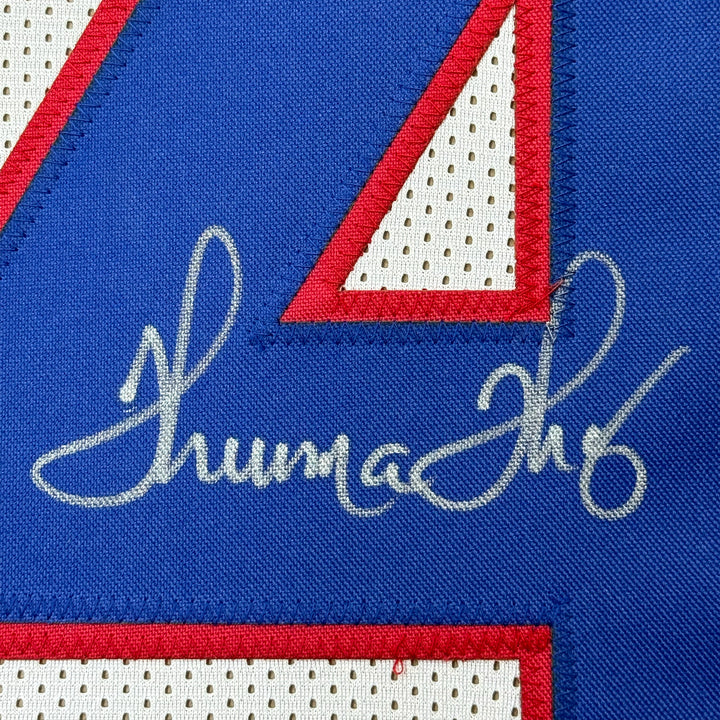 FRAMED Autographed/Signed THURMAN THOMAS 33x42 Buffalo White Jersey JSA COA