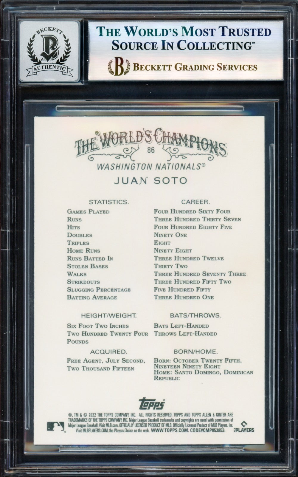Juan Soto Auto Signed 2022 Topps Allen & Ginter Card 86 Nationals Sig 10 Beckett