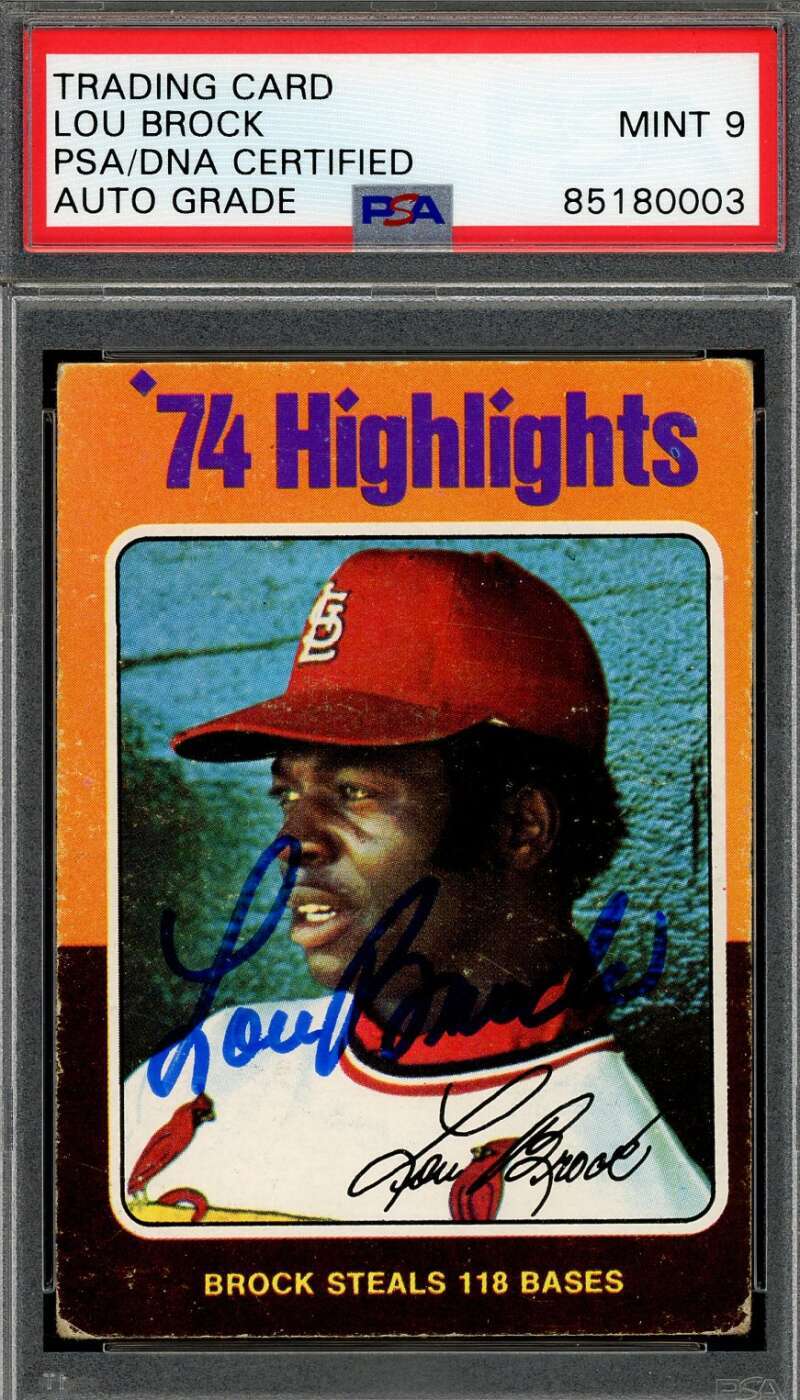 Lou Brock Mint 9 PSA DNA Signed 1975 Topps 1974 Highlights Autograph