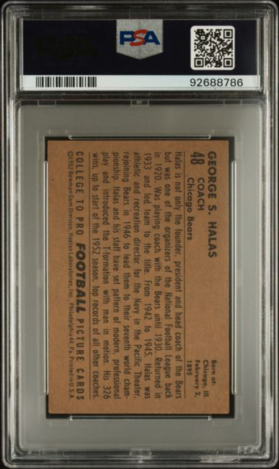 Graded 1952 Bowman Small George Halas #48 Football Card PSA 4 VG-EX