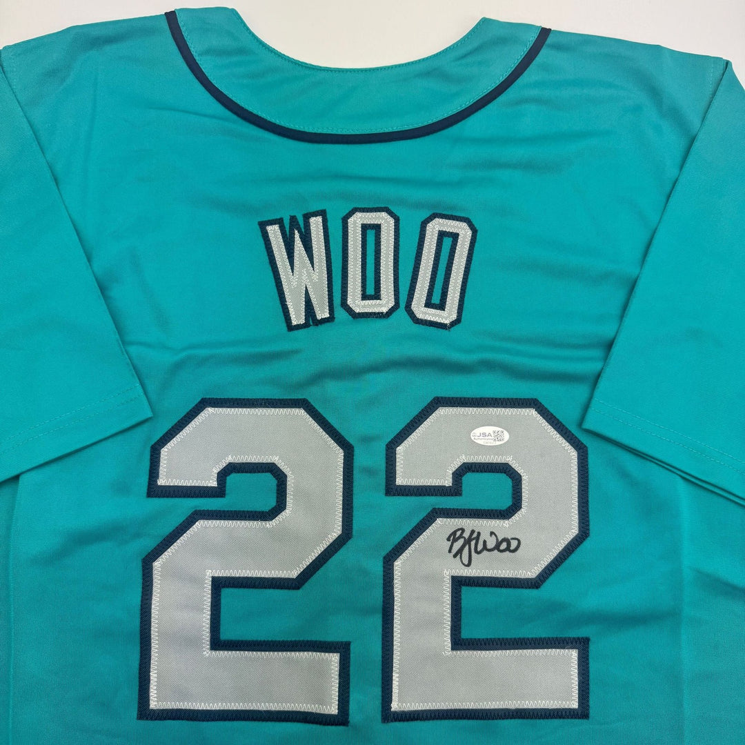 Autographed/Signed Bryan Woo Seattle Teal Baseball Jersey JSA COA