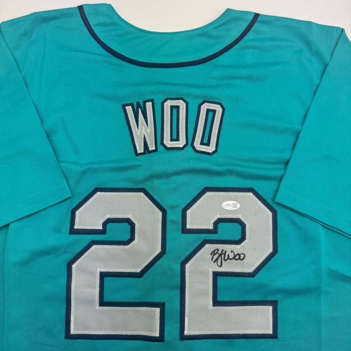 Autographed/Signed Bryan Woo Seattle Teal Baseball Jersey JSA COA