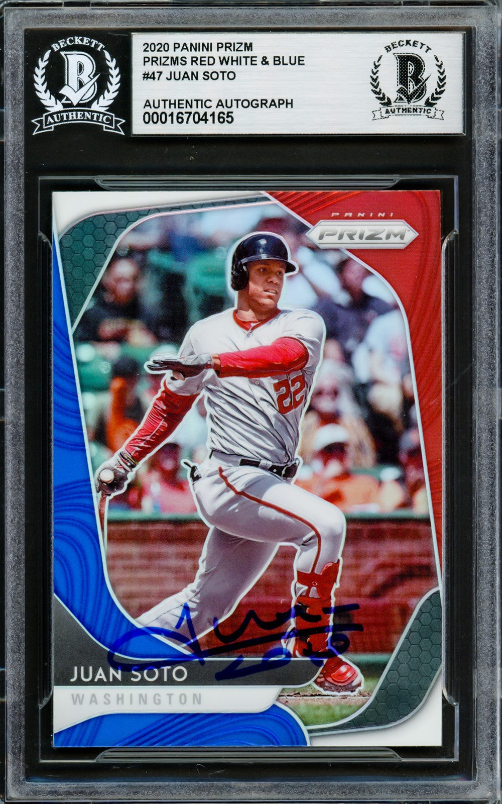 Juan Soto Signed 2020 Panini Prizm Red White & Blue Card 47 Mets Beckett