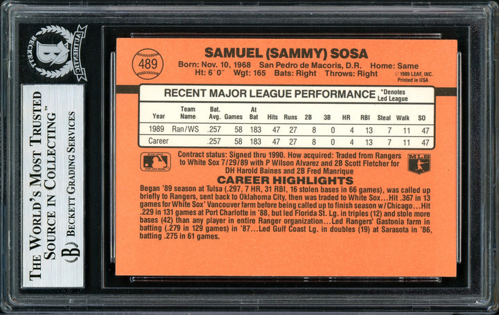 Sammy Sosa Signed 1990 Donruss Rookie Card #489 Chicago White Sox Beckett BAS