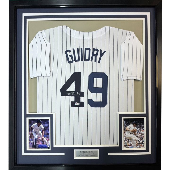 Framed Autographed/Signed Ron Guidry 35x39 New York Pinstripe Jersey COA