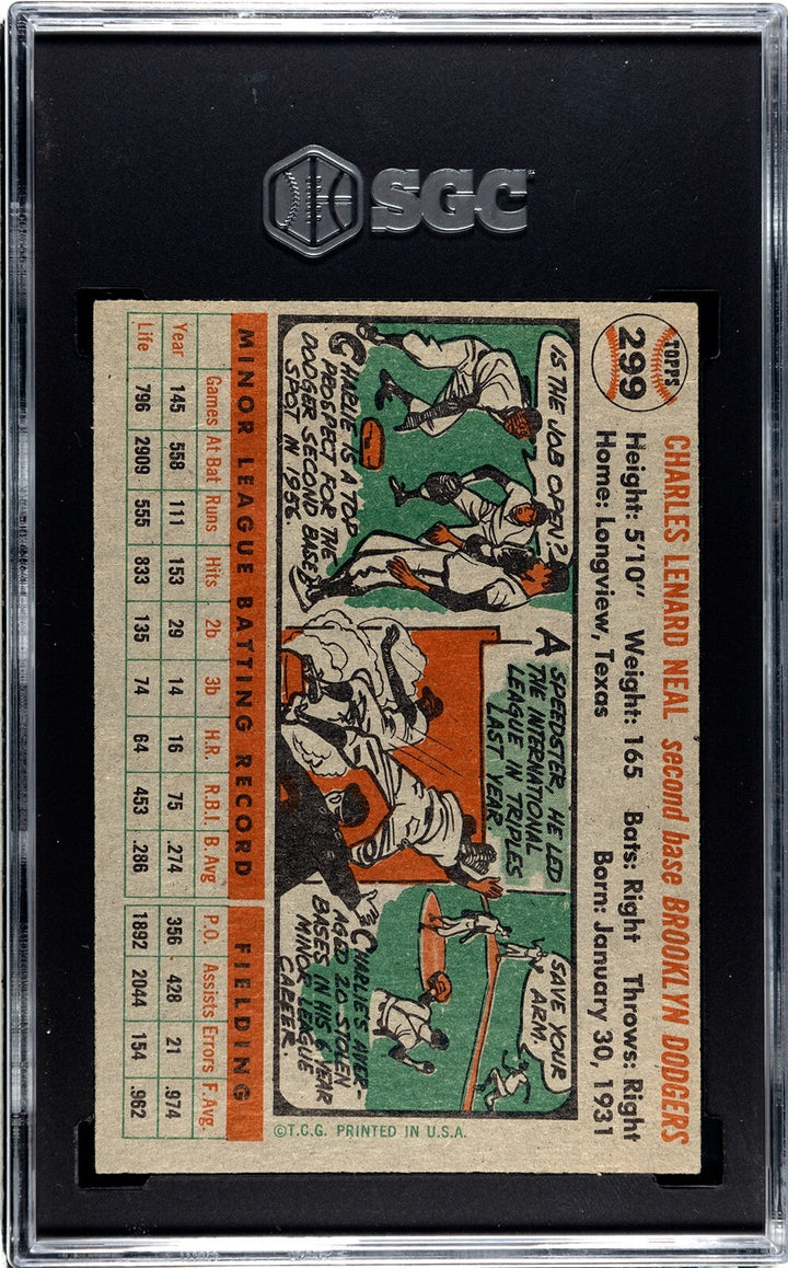 Charley Neal 1956 Topps Card #299 Brooklyn Dodgers- SGC Graded 5.5 EX+