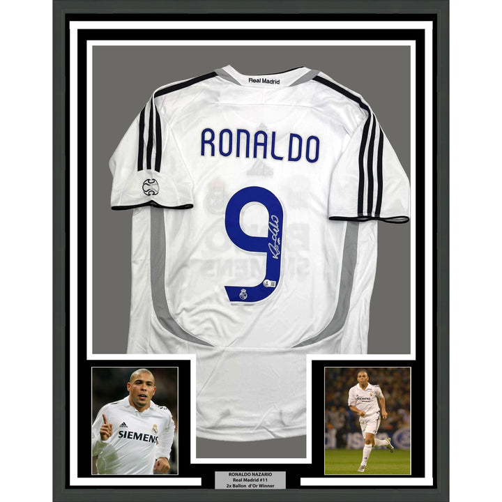 Framed Autographed/Signed Ronaldo Nazario 35x39 Real Madrid White Jersey BAS COA