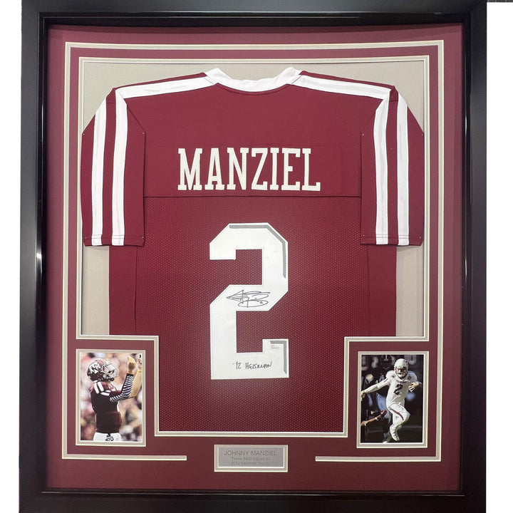 Framed Autographed/Signed Johnny Manziel 12 HT 33x42 Texas A&M Jersey JSA COA