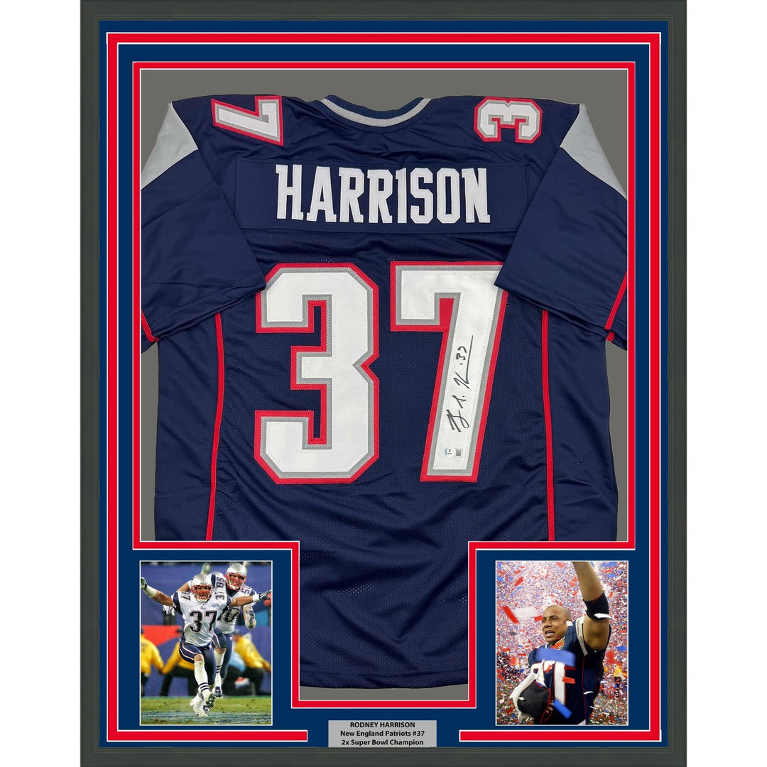 Framed Autographed/Signed Rodney Harrison 35x39 Blue Jersey Beckett BAS COA