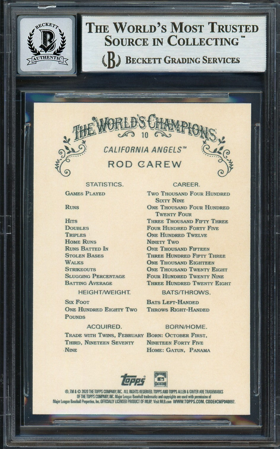 Rod Carew Auto 2020 Topps Allen Ginter Card 10 California Angels Auto 10 Beckett