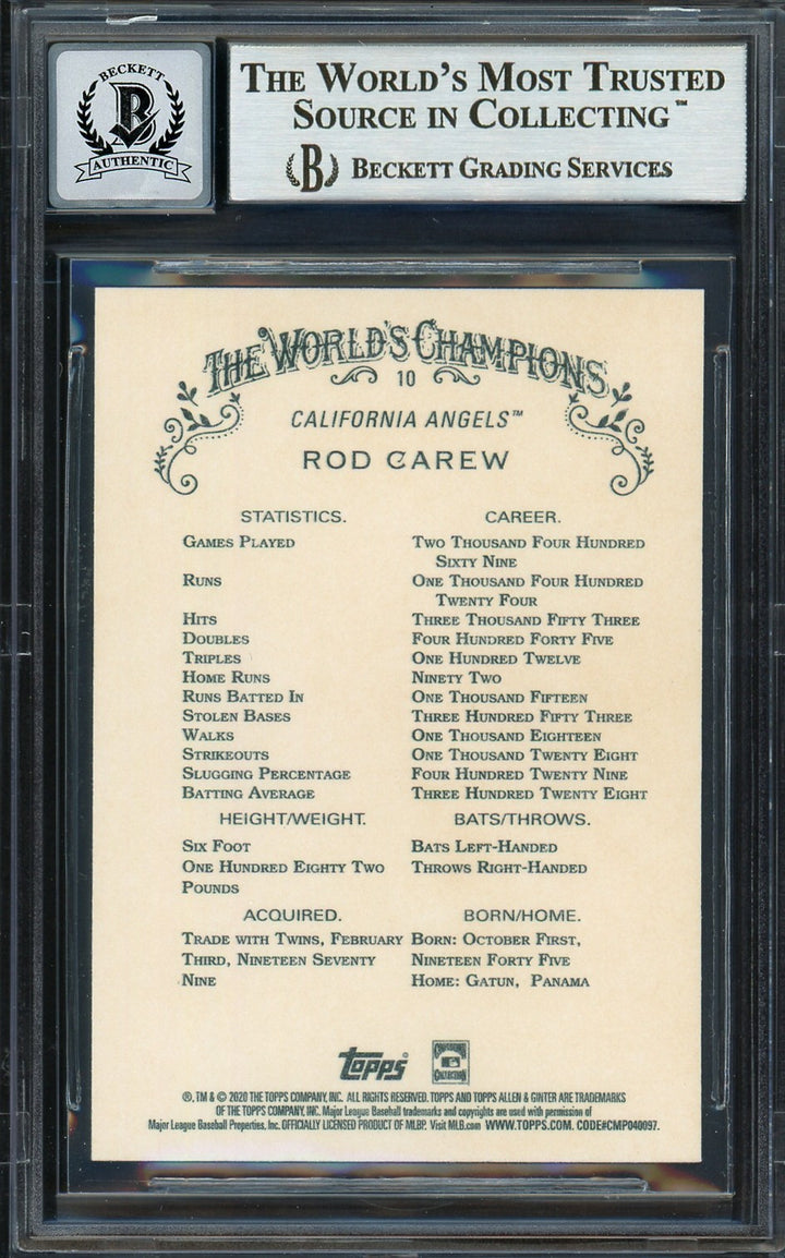 Rod Carew Auto 2020 Topps Allen Ginter Card 10 California Angels Auto 10 Beckett