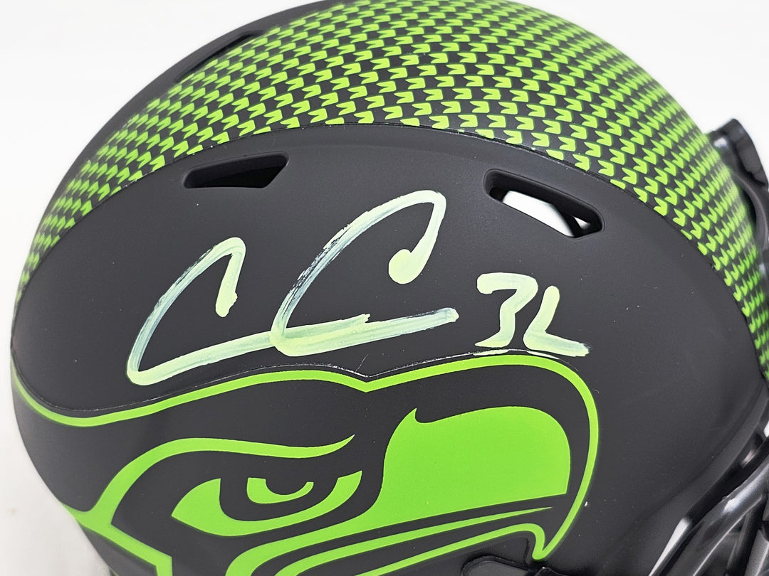 Chris Carson Signed Seahawks Eclipse Black Speed Mini Helmet Fanatics Holo