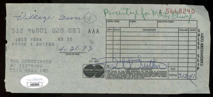 Frank Sutton JSA Coa Signed 1973 Gas Receipt Autograph Gomer Pyle