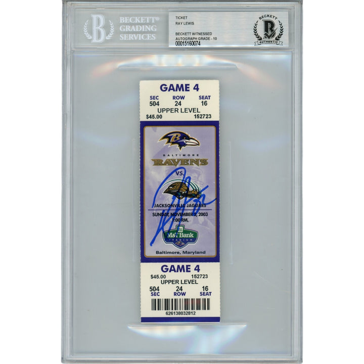 Ray Lewis Autographed Baltimore Ravens 11/02/03 Full Ticket Stub Beckett 47568