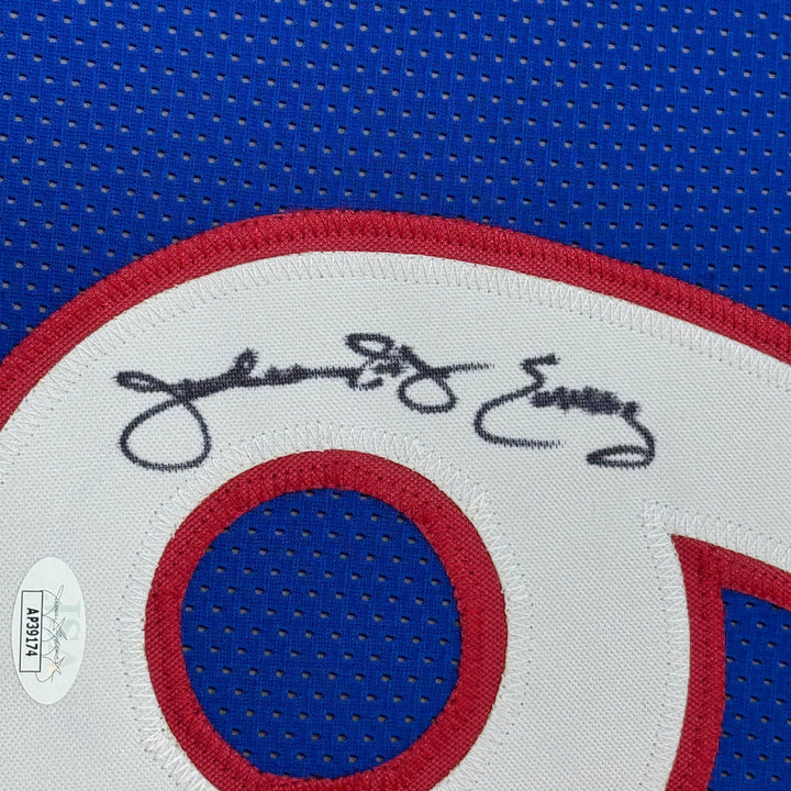 Framed Signed Julius Erving Dr. J 35x39 Philly Blue Jersey JSA COA