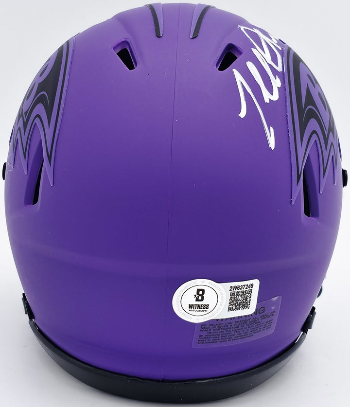 Terrell Suggs Signed Baltimore Ravens Purple Speed Rave Mini Helmet Beckett Wit