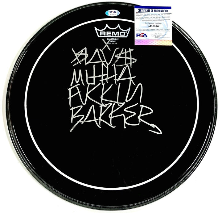 Blink 182 Travis Mutha F*ckin Barker full autograph signed 14" drumhead PSA COA