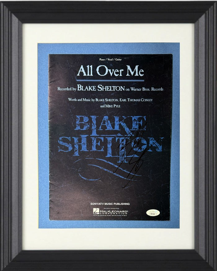 Blake Shelton signed 1999 All Over Me Full 9x12 Sheet/Music Lyrics Framed- JSA