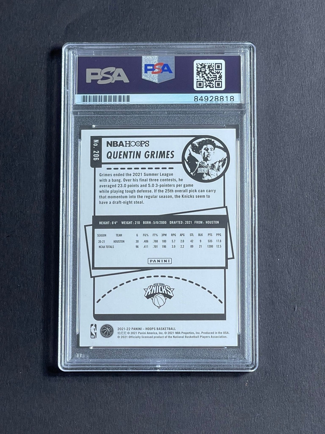 2021-22 NBA Hoops #206 Quentin Grimes Signed Card PSA Slabbed Knicks