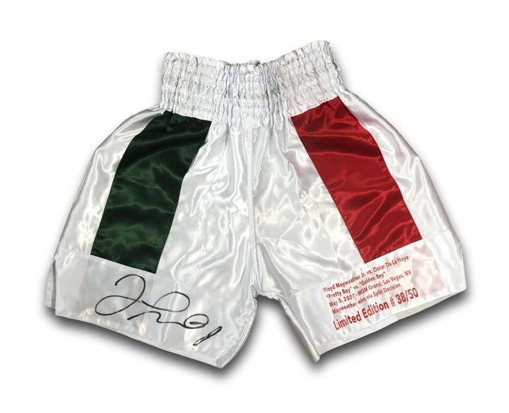 Floyd Mayweather Jr Signed vs. De La Hoya Boxing Trunks #D 38/50 BAS COA w/ Stat