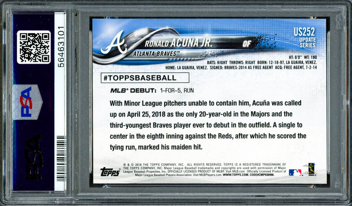 Ronald Acuna Jr. Auto 2018 Topps Update RC US252 Braves PSA 8 Auto GM 10 PSA/DNA