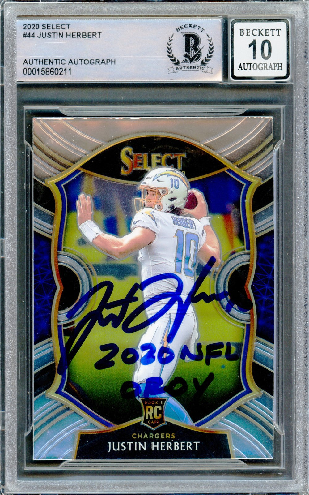 Justin Herbert Auto 2020 Panini Select RC 44 Chargers Sig 10 20 NFL OROY Beckett