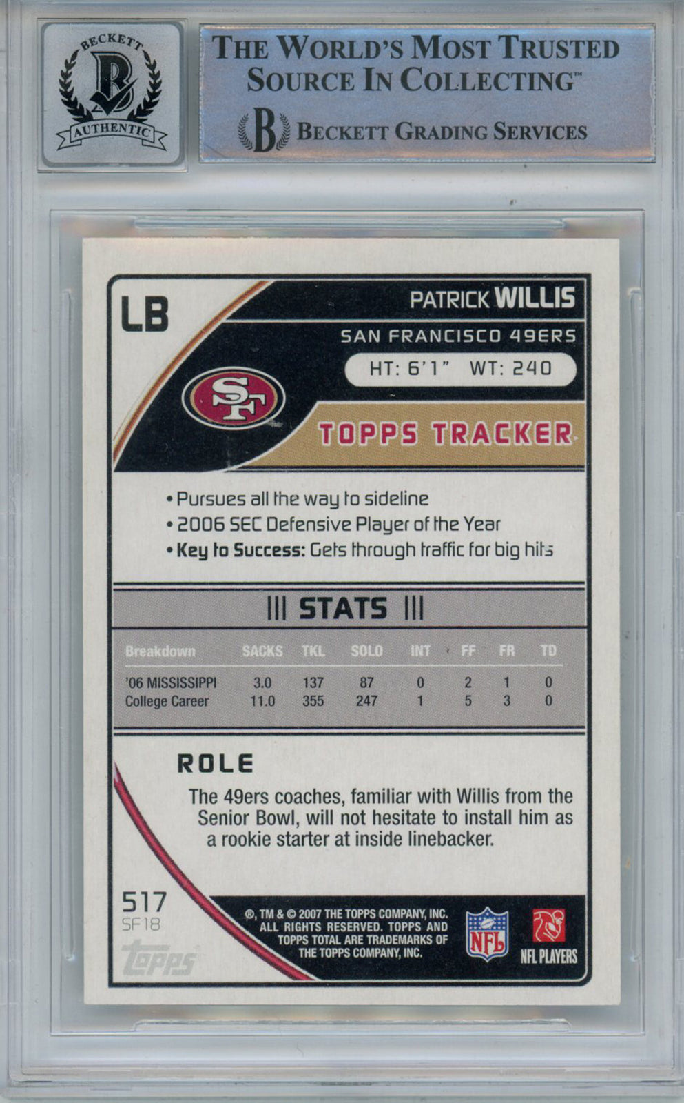 Patrick Willis Signed 2007 Topps Total #517 Rookie Card Beckett 10 Slab 38717