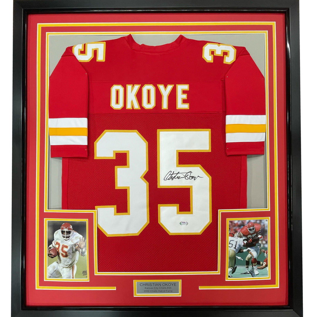 FRAMED Autographed/Signed CHRISTIAN OKOYE 33x42 Kansas City Red Jersey JSA COA
