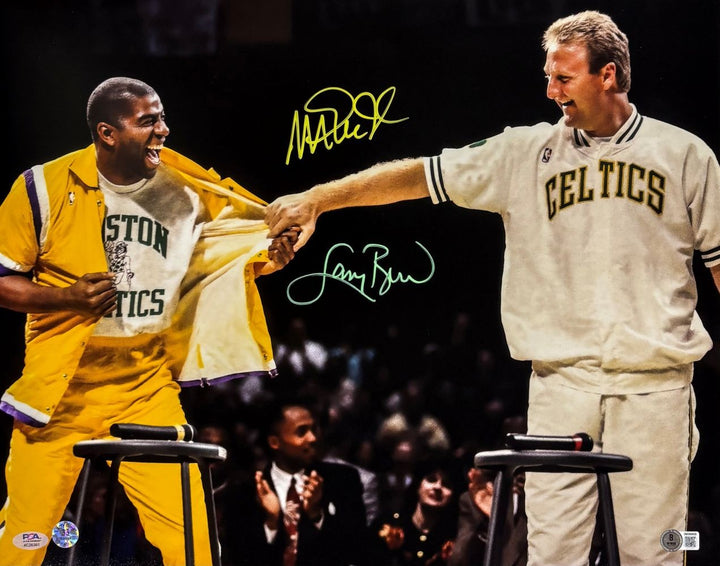 Larry Bird Magic Johnson Dual Signed 16x20 Celtics Lakers Photo PSA+BAS