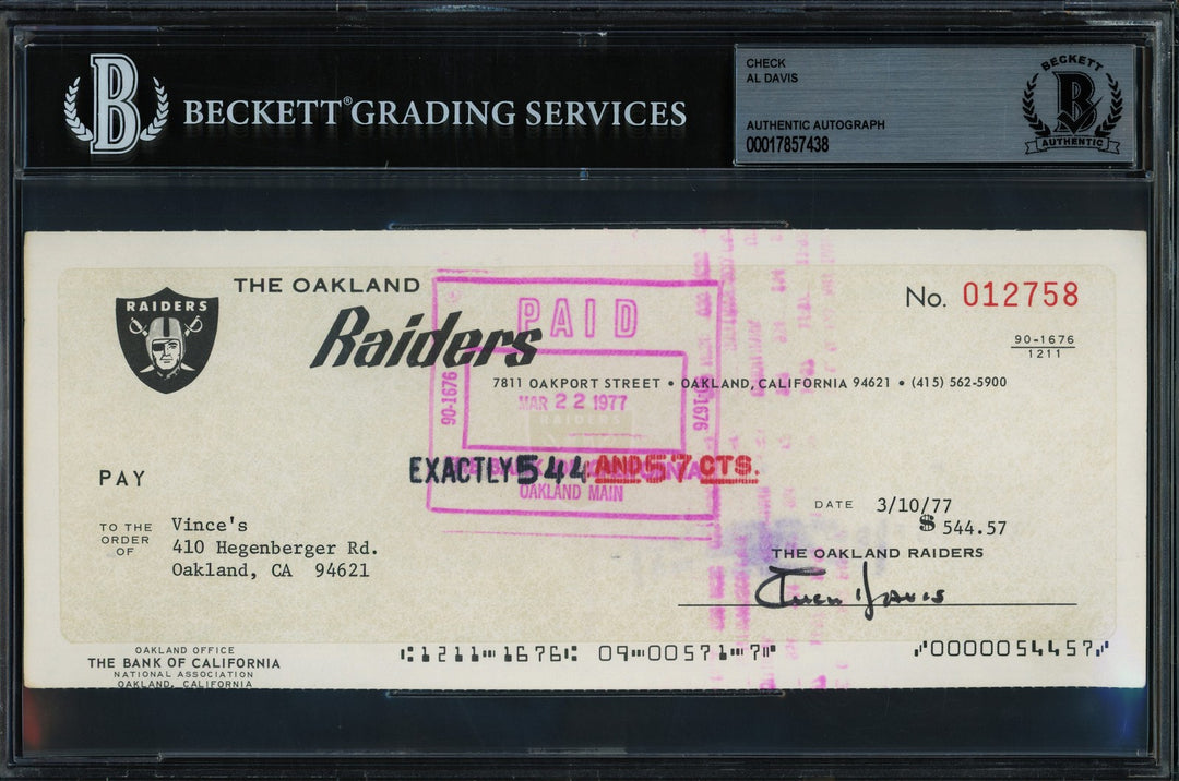 Al Davis Autographed Signed Check Oakland Raiders Owner Beckett BAS #17857438