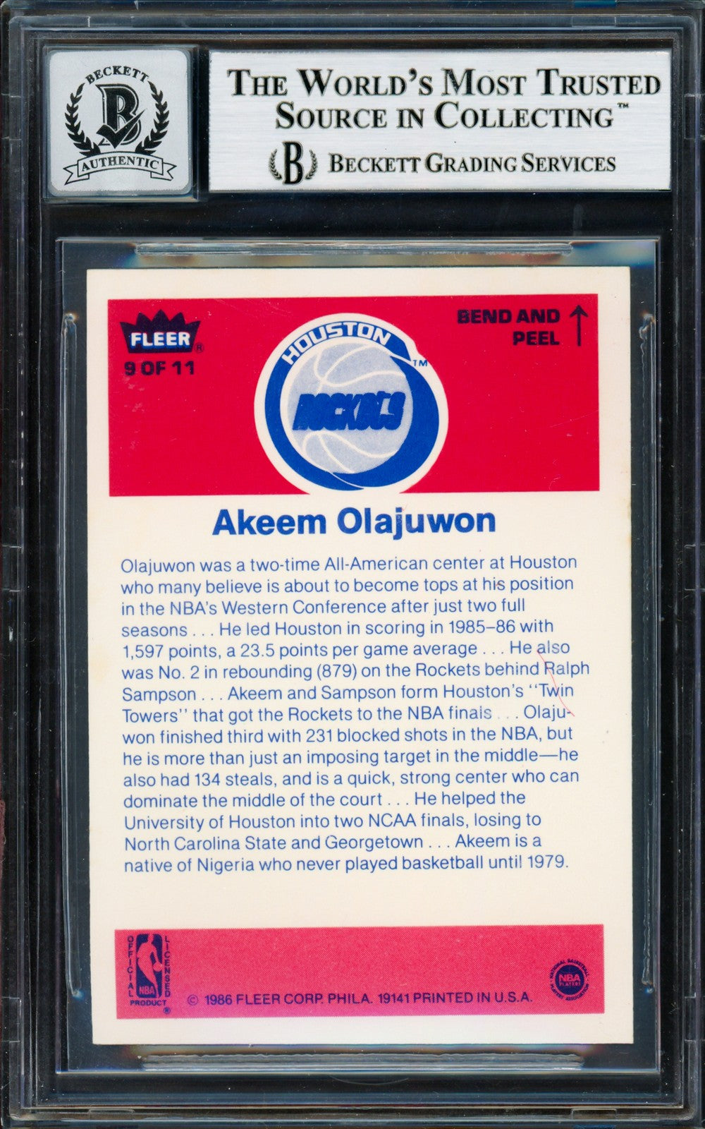 Hakeem Olajuwon Auto 1986 Fleer Stickers "The Dream" RC 9 Rockets Sig 10 Beckett