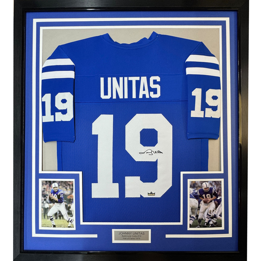 Framed Facsimile Autographed Johnny Unitas 33x42 Blue Reprint Laser Auto Jersey