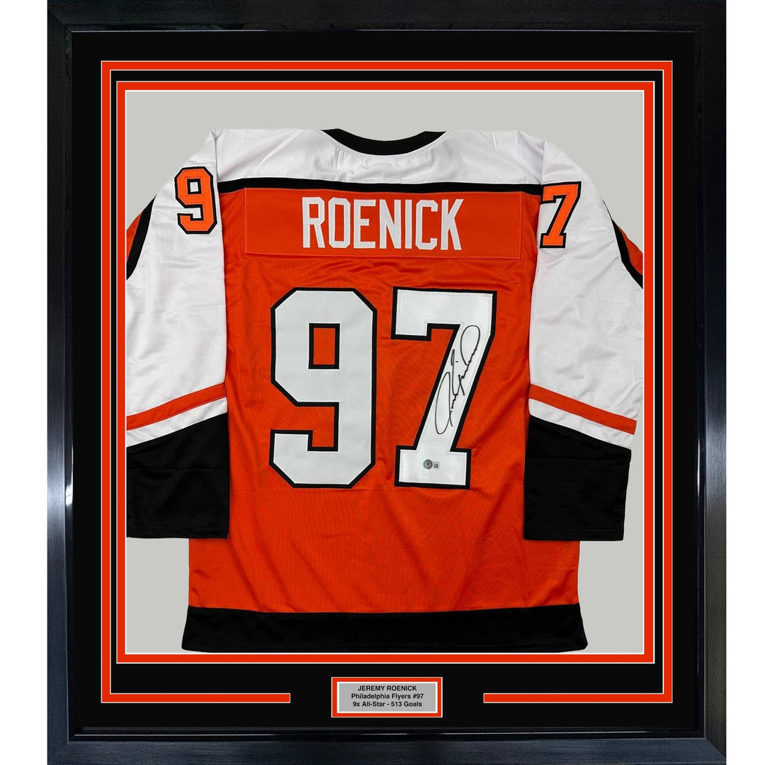 Framed Autographed/Signed Jeremy Roenick 33x42 Orange Jersey BAS COA