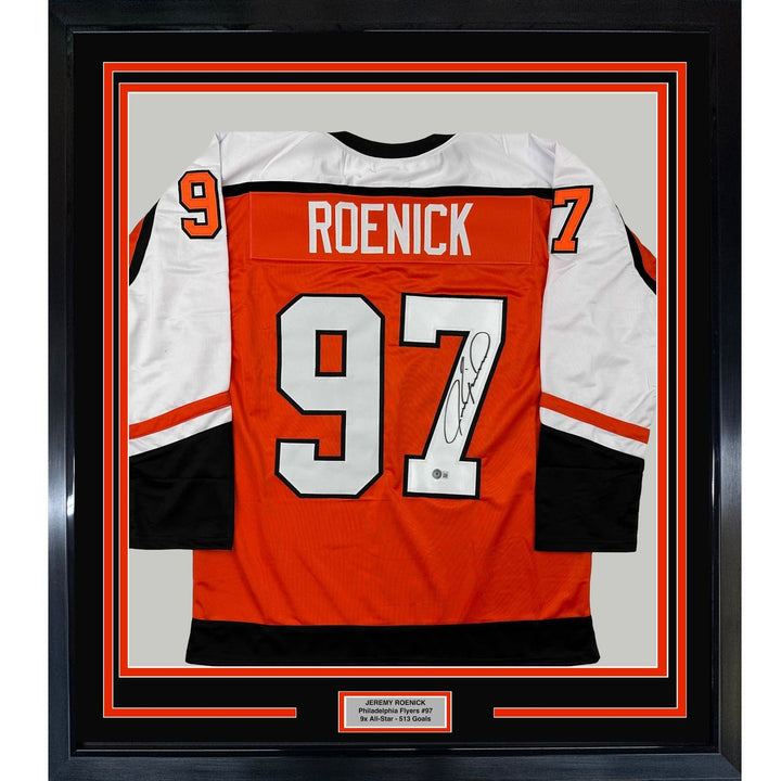 Framed Autographed/Signed Jeremy Roenick 33x42 Orange Jersey BAS COA