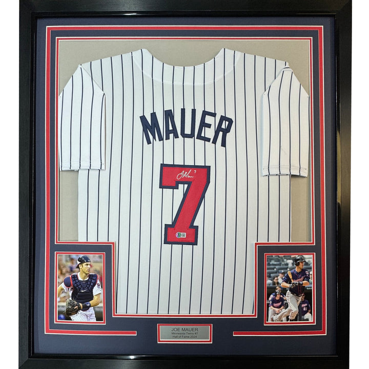 Framed Autographed/Signed Joe Mauer 35x39 Minnesota Pinstripe Jersey COA