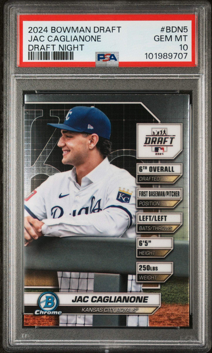 Graded 2024 Bowman Draft Jac Caglianone #BDN5 Draft Night Baseball Card PSA 10