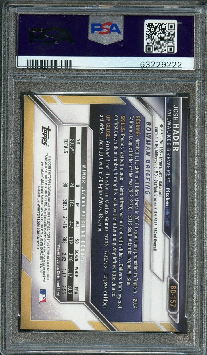 2016 Bowman Draft #157 Josh Hader Signed Card PSA Slabbed Auto Brewers