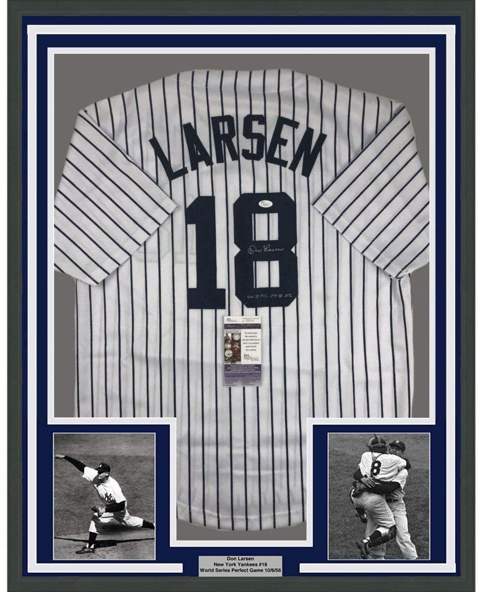 FRAMED Signed DON LARSEN 35x39 New York Pinstripe Jersey JSA COA
