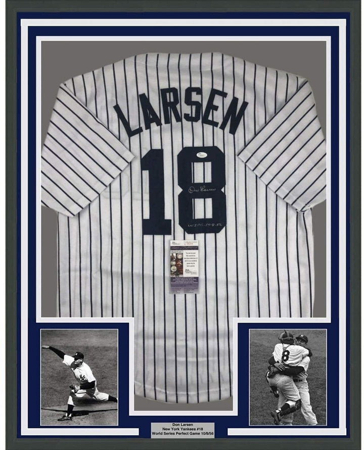 FRAMED Signed DON LARSEN 35x39 New York Pinstripe Jersey JSA COA