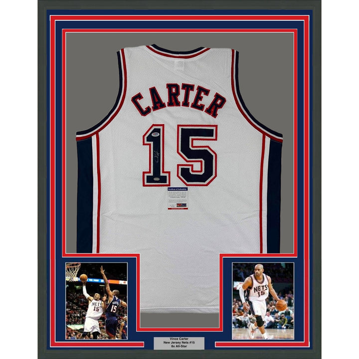 Framed Signed Vince Carter 35x39 New Jersey White Jersey PSA COA