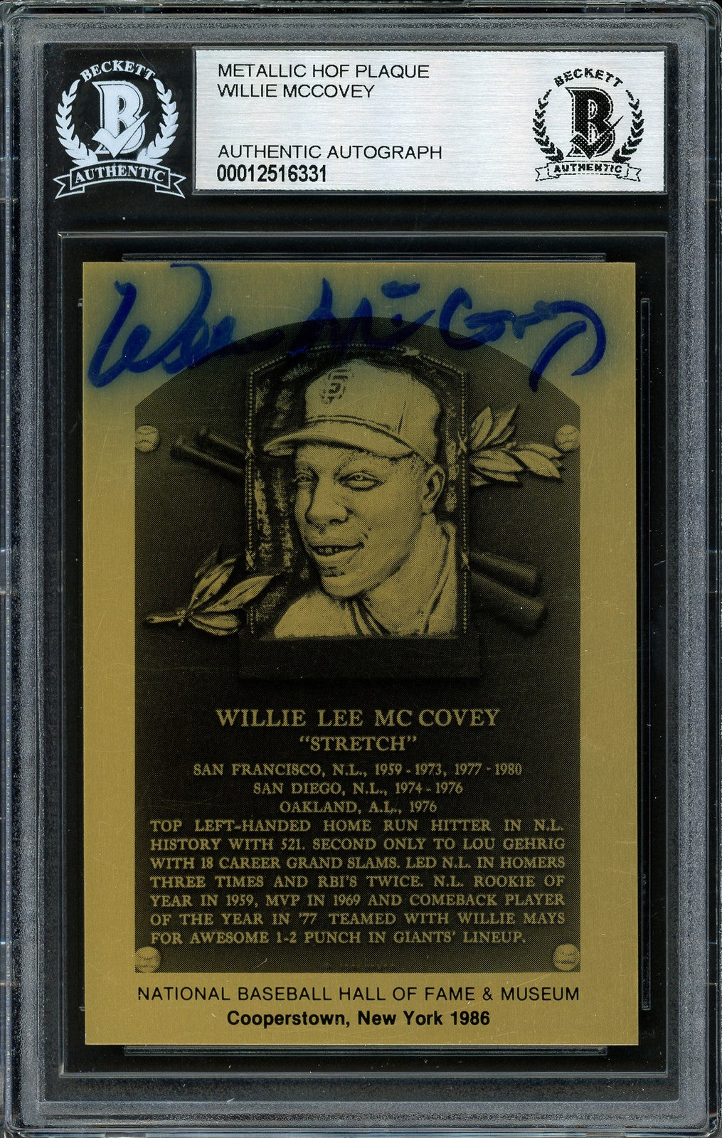 Willie McCovey Signed 1986 Metallic HOF Plaque Card Giants Beckett #12516331