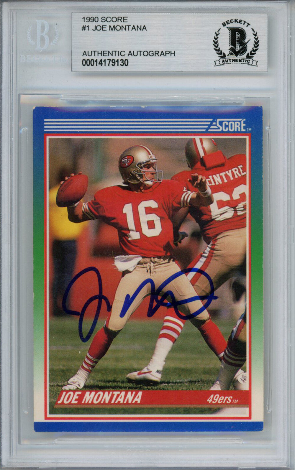 Joe Montana Autographed 1990 Score #1 Trading Card Beckett Slab 37493